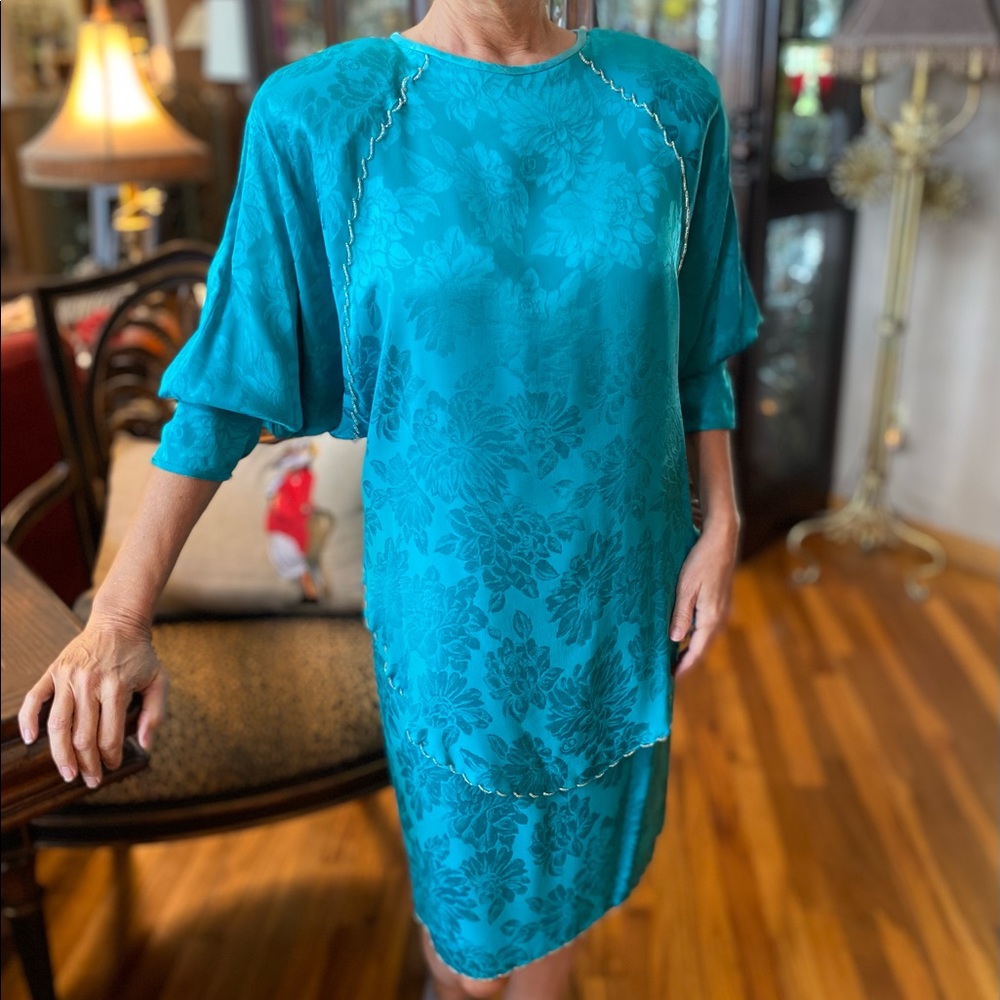 CAROL PERETZ Turquoise Silk Jacquard 2pc Special Occasion Dress